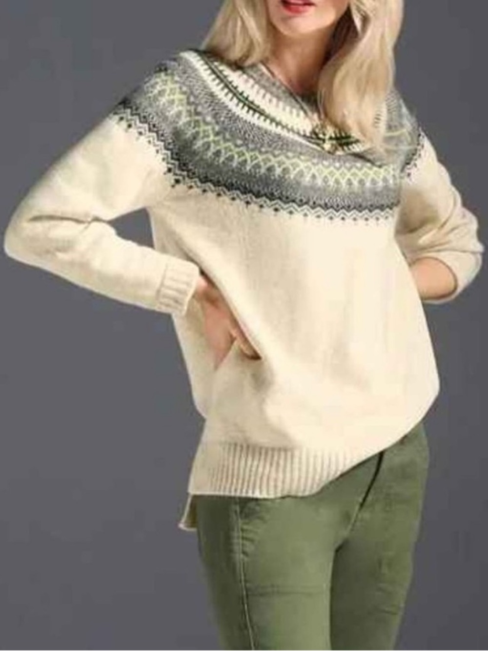 CAbi Shetland Pullover Sweater Fair Isle Hi Low Hem‎ Green Grey Ivory Size Large
